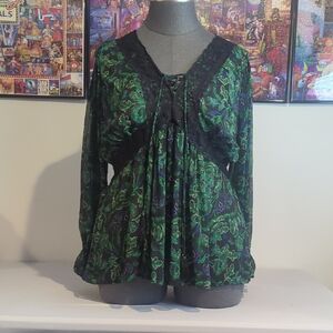 Chic Black and Green Floral Blouse